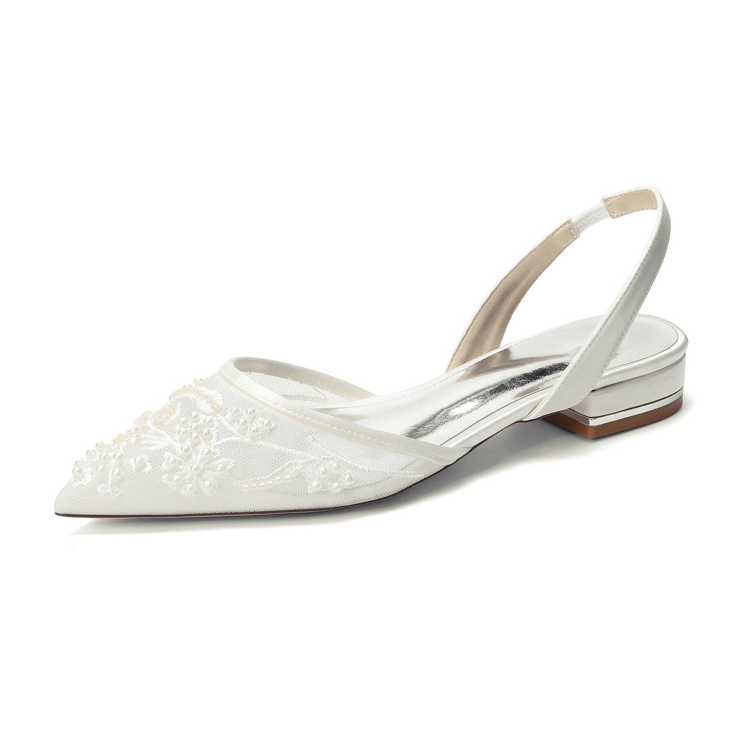 Lace Silk-Like Pearl Embroidered Mesh Flat Shoes CK0496 - 10 Days / Ivory / 35 - COCOMELODY